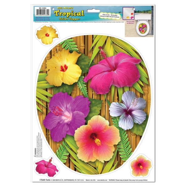 Party-Extra Toiletten-Aufkleber Hibiscus Blüten - Hawaii Beachparty Deko