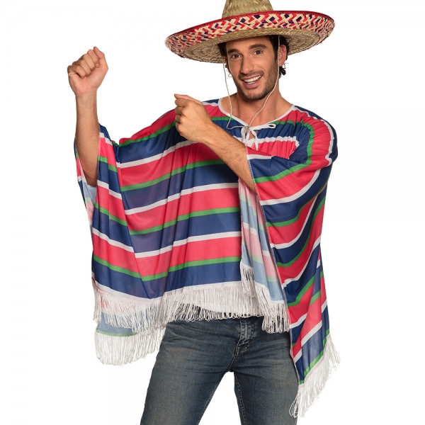 Mexikanischer Herren Poncho in blau weiss grün rot vorne