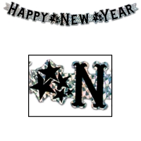 Metallic-Buchstabenbanner Happy New Year, schwarz-silber