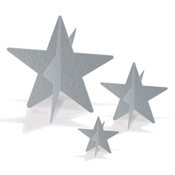 Party-Extra 3D-Folienstern Tischdeko Set, 3-teilig, silher