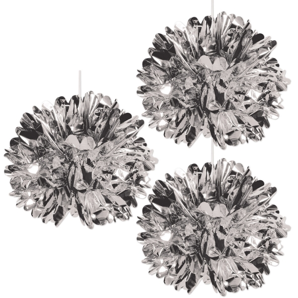 Deko Pom-Poms aus Silber-Metallicfolie - Festliche Silvesterparty Deko